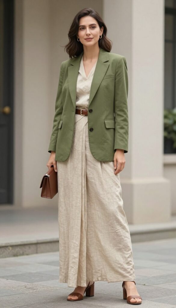 Woman in beige linen saree with olive blazer and belt at outdoor evening wedding