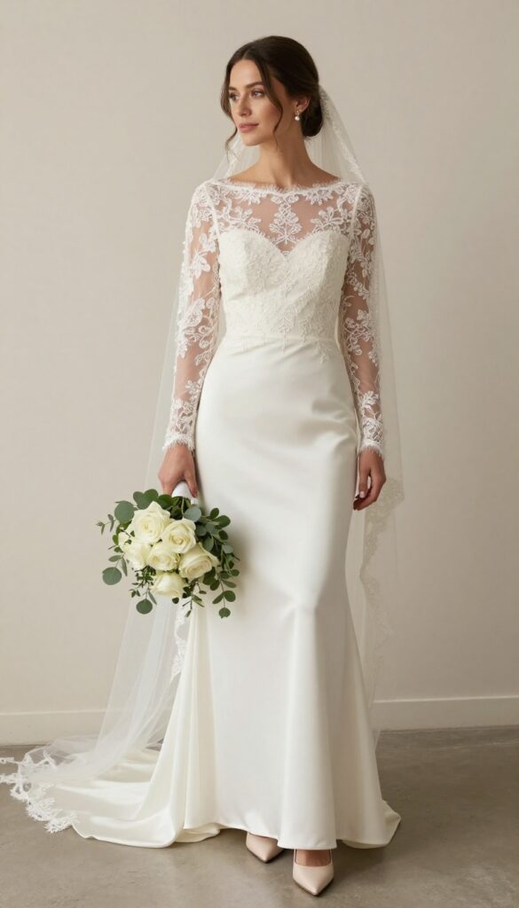 Woman in satin trumpet wedding dress with illusion lace sleeves, pearl earrings, and updo, holding bouquet in bright church setting.