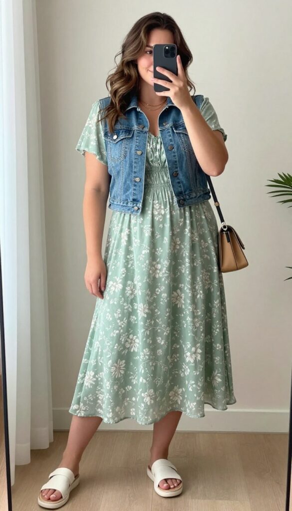 Plus-size woman in flowy maxi dress and cropped denim jacket taking a mirror selfie, showcasing a casual comfy outfit idea.