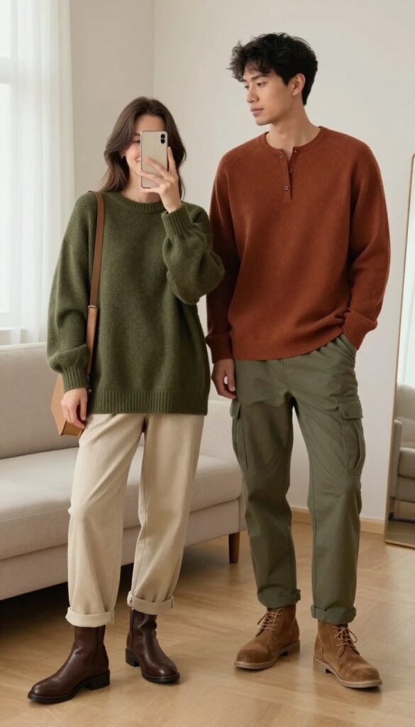 A couple in earthy tones: woman in olive sweater and beige trousers, man in rust henley and olive cargo pants, taking a mirror selfie in a bright, cozy living room.