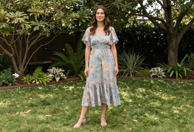 Woman in flowy pastel midi dress and strappy sandals standing in a sunlit garden