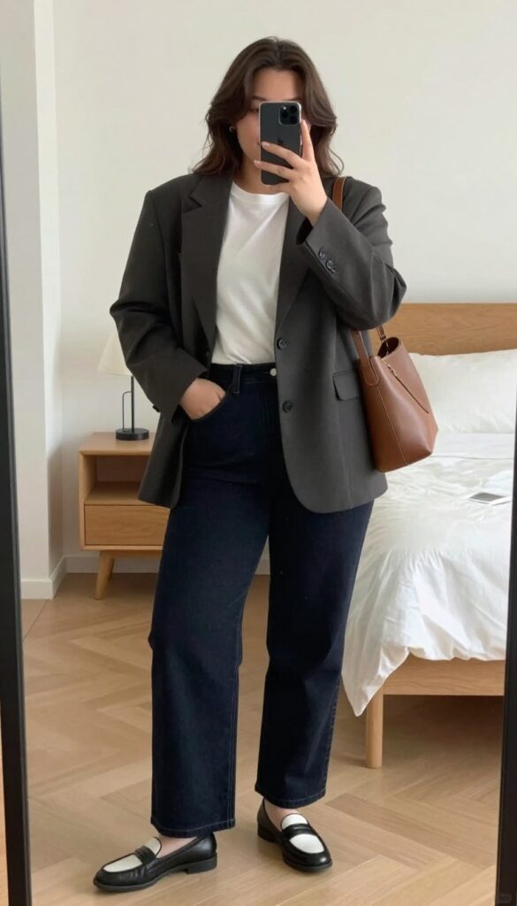 Black loafers paired with cropped straight jeans and an oversized blazer, creating a polished yet relaxed business casual outfit.