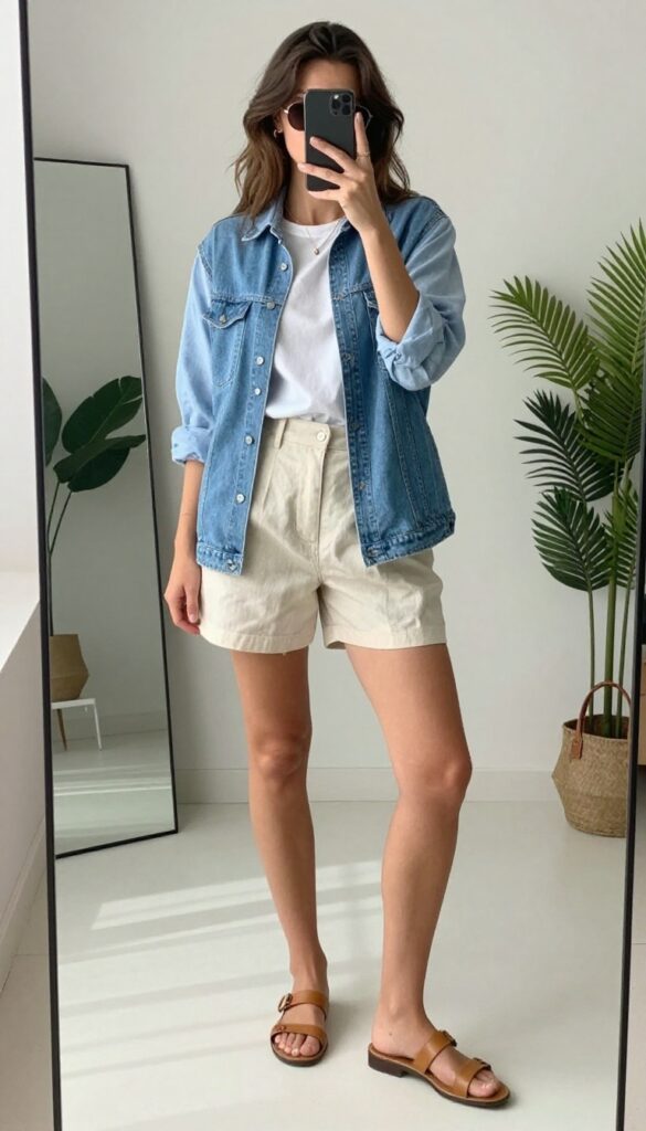 Woman in denim vest, linen shorts, and button-up shirt taking a mirror selfie in a sunlit room, showcasing a polished summer vacation outfit.