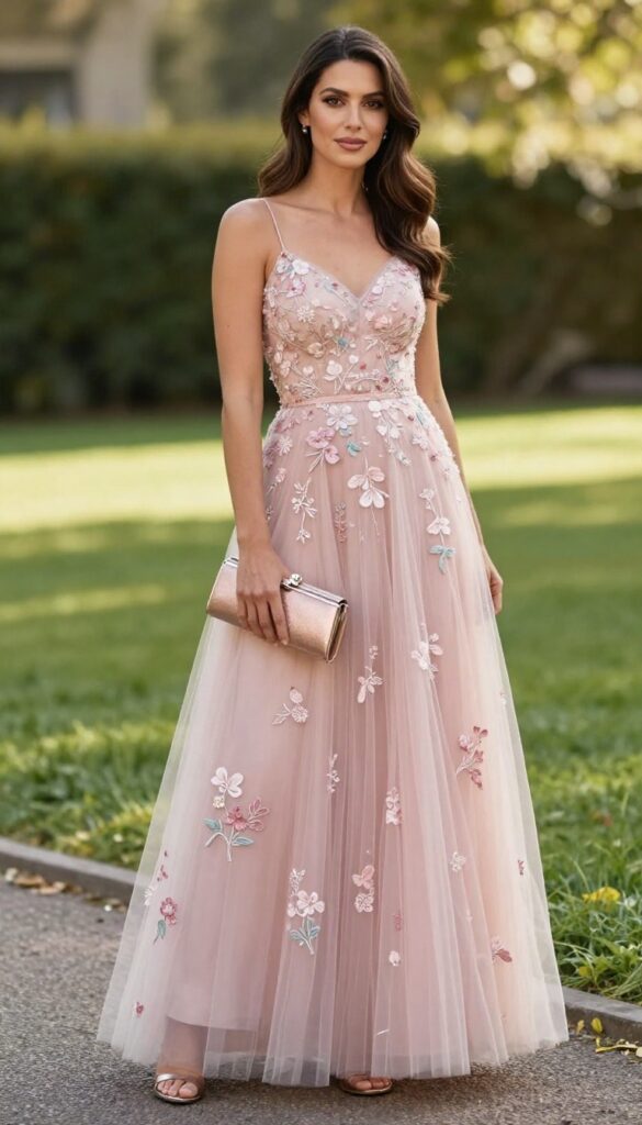 Adult woman in floral embroidered tulle gown standing in garden at golden hour