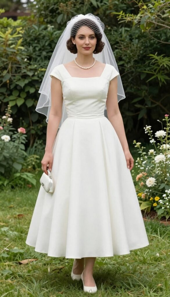 Vintage-inspired tea-length wedding dress with birdcage veil in garden