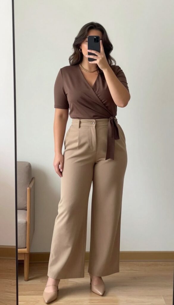 Woman in mocha wrap top and beige wide-leg trousers, posing in front of mirror, holding phone partially covering face.