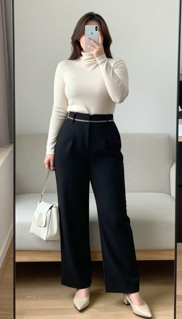 Woman in ivory turtleneck and black wide-leg pants with chain belt and pointed flats