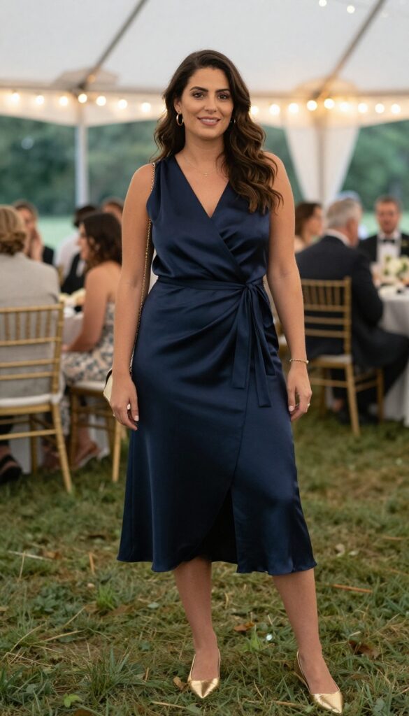 A woman in her 30s with a natural body type wearing a navy satin wrap dress, gold hoop earrings, and gold bracelet, holding a clutch bag, standing on grass at an outdoor wedding reception with string lights and tent in background.