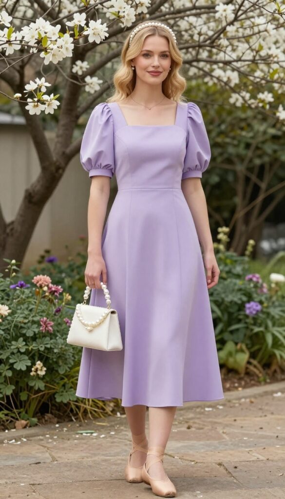 Woman in lavender puff-sleeve midi dress with pearl headband and ballet flats in garden