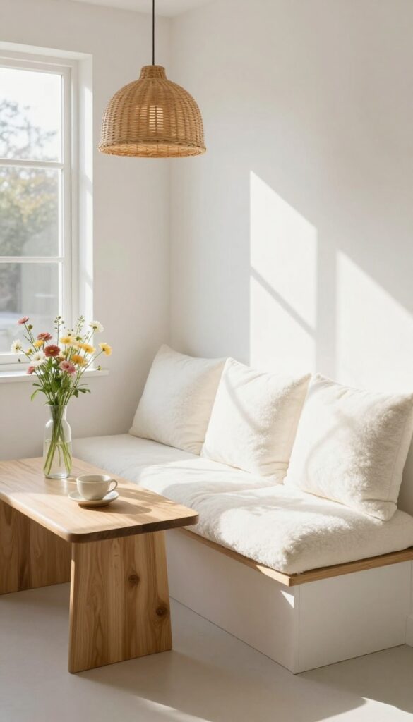 A cozy breakfast nook with cushioned bench seating and a small table in a bright kitchen