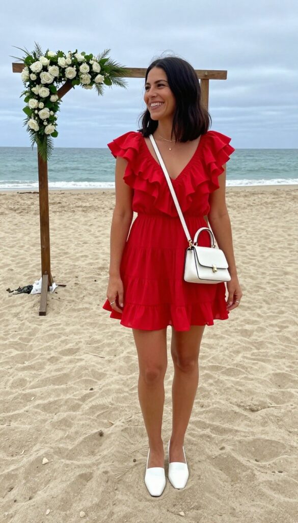 Woman in red ruffled mini dress at beach wedding