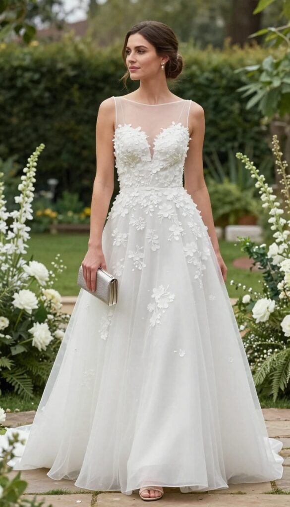 Woman in white wedding dress with sheer illusion yoke and detachable floral appliqué skirt, standing in sunlit garden