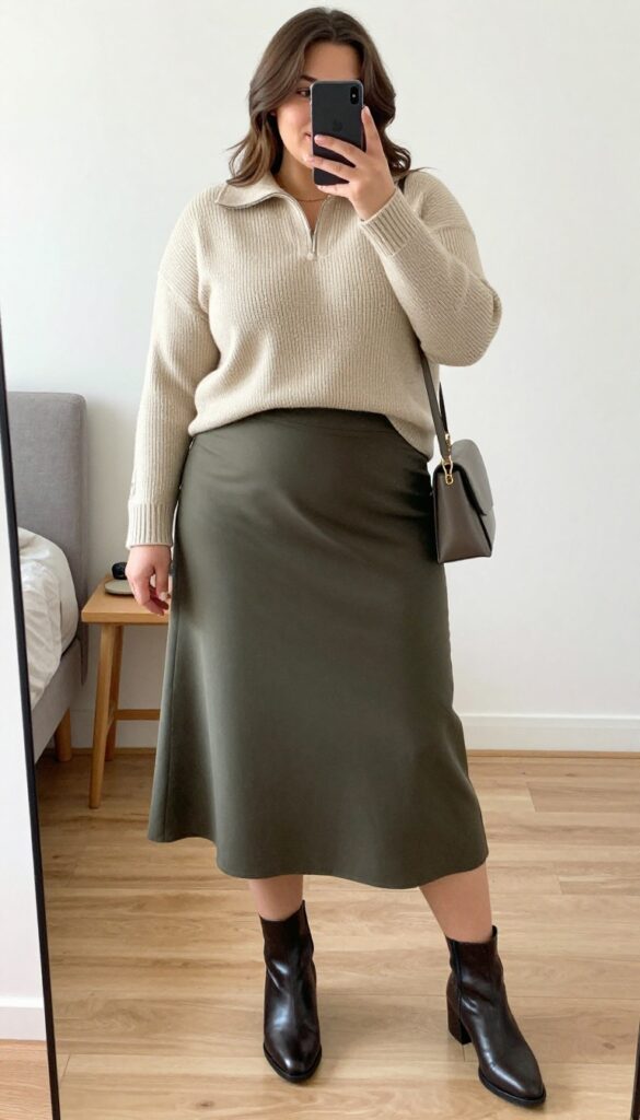 A woman in a cream cashmere sweater tucked into a charcoal midi skirt, wearing black leather ankle boots and carrying a crossbody bag, standing in a bright office or cafe setting.