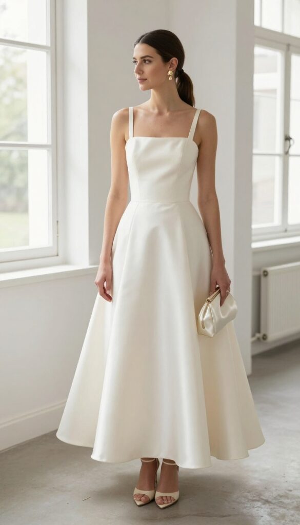 Modern bride in minimalist satin ball gown, standing in bright white room, natural daylight, full-length shot.
