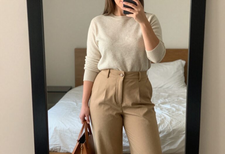 Woman in cream cashmere sweater and wide-leg trousers taking a mirror selfie for dinner business casual outfit inspiration.