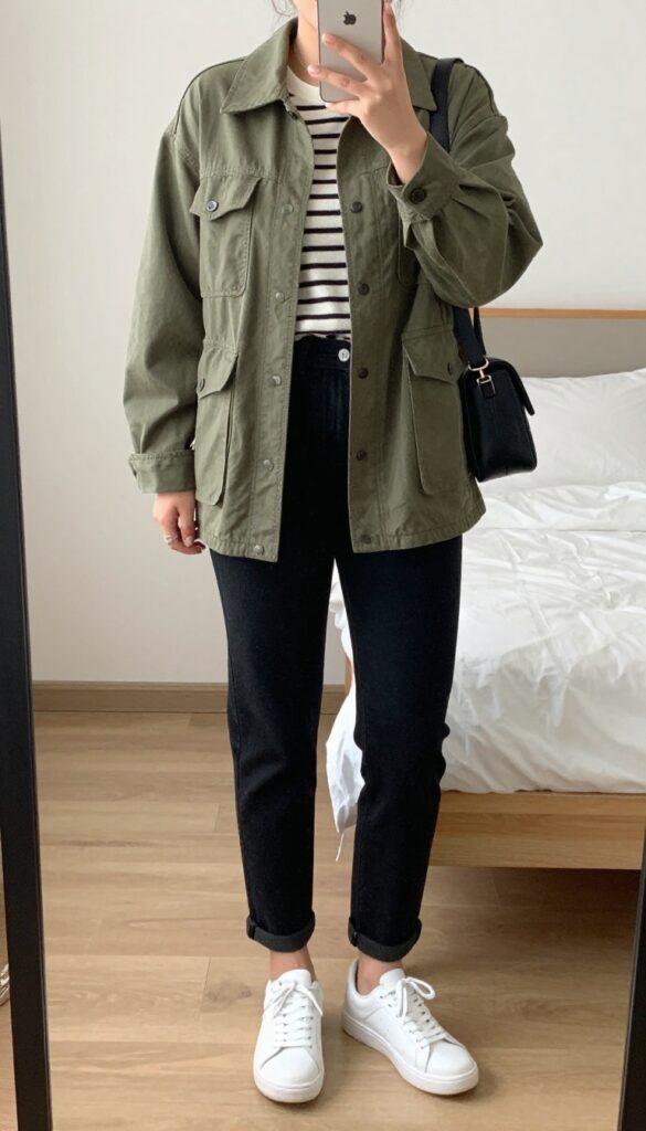 Woman in olive utility jacket, striped tee, black denim, and white sneakers, standing on a city street.