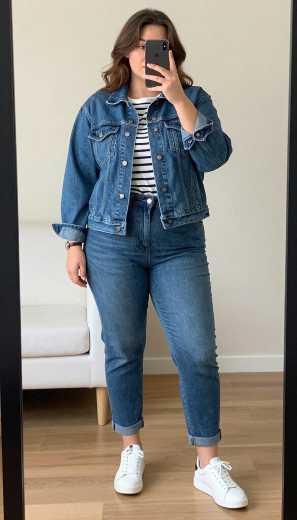A woman in a medium-wash denim jacket over a striped Breton shirt with tailored slacks and white sneakers, standing casually in a coffee shop.