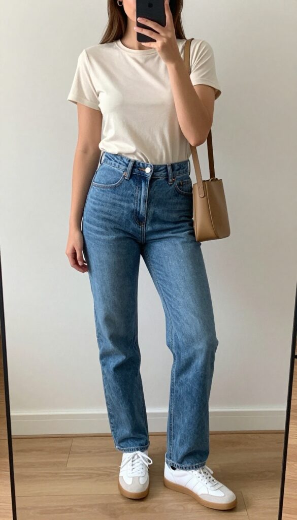 Woman in high-waisted straight jeans and fitted cream tee, taking a mirror selfie, holding phone partially covering face, with white sneakers and tan crossbody bag, in bright natural light.