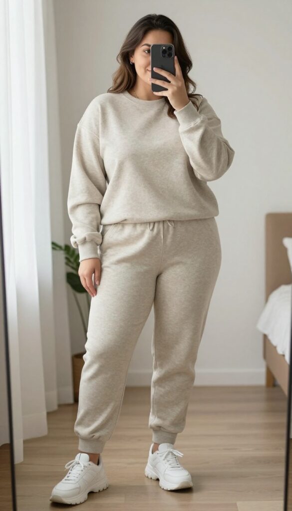 Plus-size woman in a matching neutral lounge set taking a mirror selfie, showcasing a coordinated casual outfit with sneakers and a tote bag.