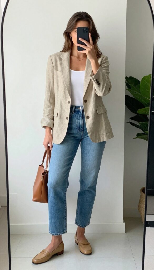 A woman in a lightweight beige blazer and white tank top, paired with slim blue jeans and tan loafers, taking a mirror selfie in a bright, modern room.