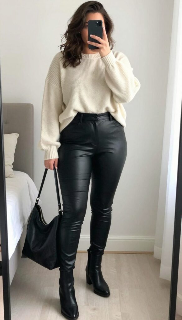 Woman in black faux leather pants and oversized cream knit sweater, mirror selfie, partially covering face with phone.