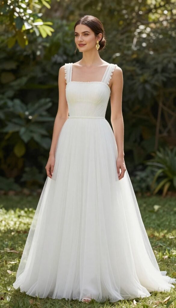 Bride in square neckline boho tulle wedding dress with statement earrings and low bun in garden