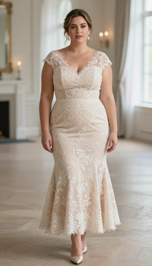 Plus-size woman in champagne lace mermaid wedding dress with nude underlay, pearl earrings, and updo in ballroom
