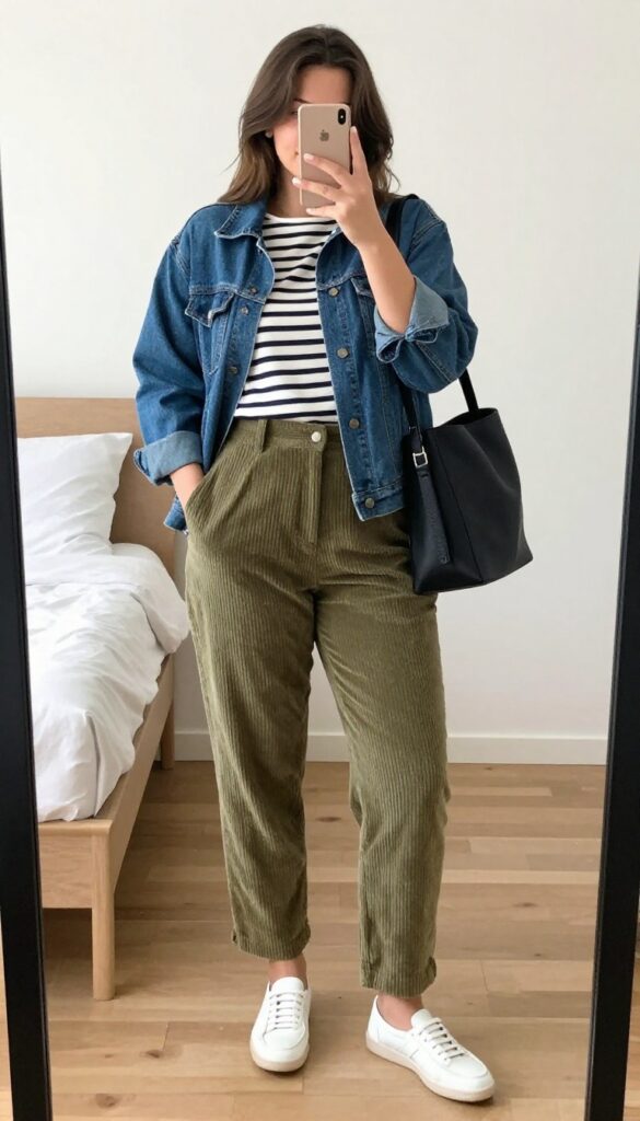 Woman in denim jacket, striped boatneck top, and olive corduroy pants with white sneakers and crossbody bag, standing in a mirror selfie.