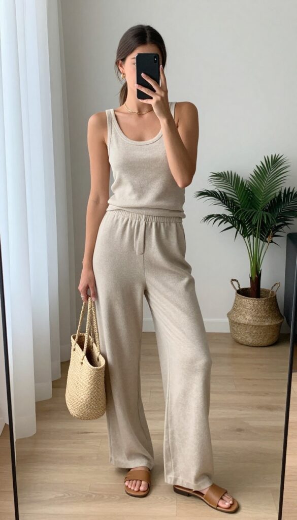 Woman taking a mirror selfie wearing a matching beige knit tank and wide-leg pants set, tan slide sandals, and a woven straw bag, in a bright room with a full-length mirror.