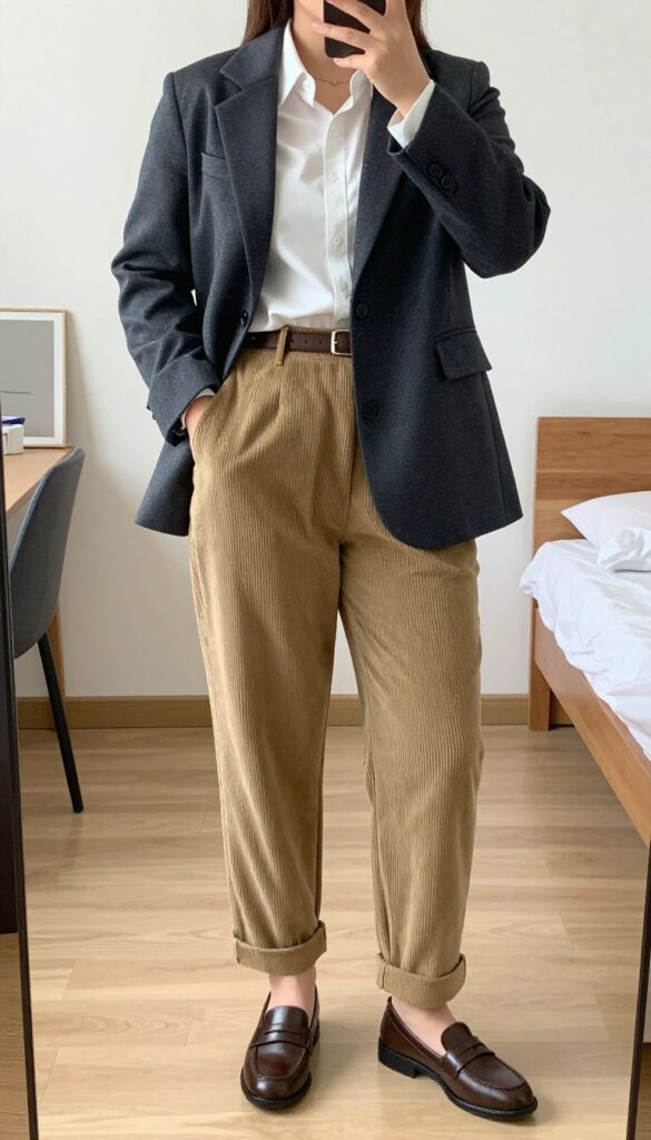 Business casual outfit: blazer, button-down shirt, corduroy pants, and loafers