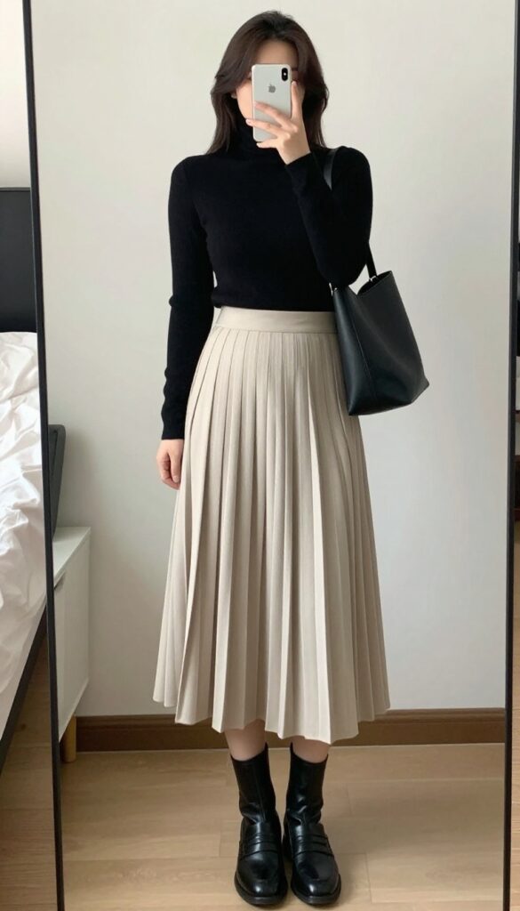 Woman in turtleneck and pleated midi skirt, knee-high boots, structured tote, minimal jewelry