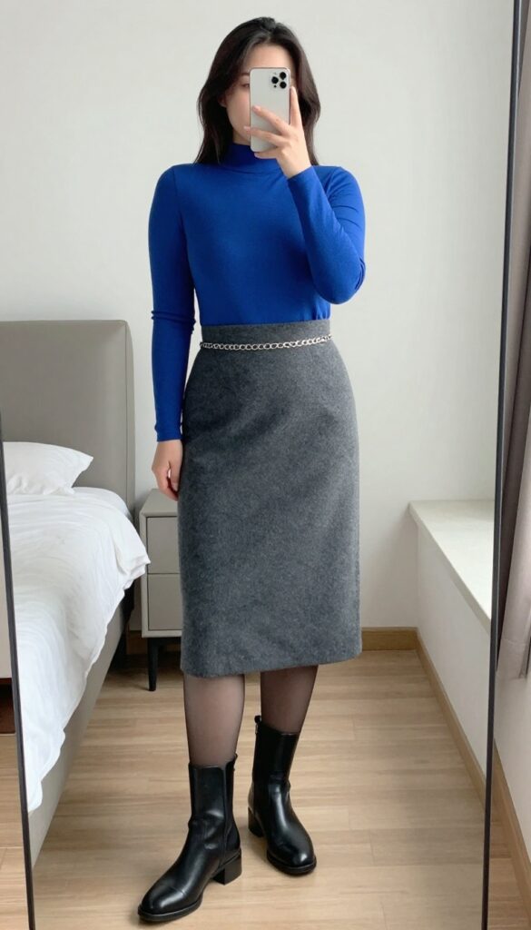 Model in cobalt blue mock neck and grey wool A-line skirt with black tights and ankle boots, taking a mirror selfie.