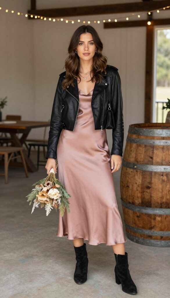 Woman in dusty rose satin dress and black leather jacket at rustic barn wedding