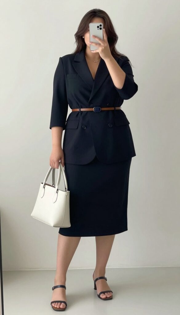 Teenage girl in a belted blazer dress with a white soft board, standing in a bright room, looking polished and professional.