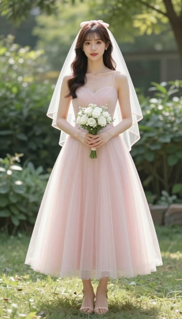 Woman in light pink tulle dress and ribbon-trim veil holding bouquet in garden
