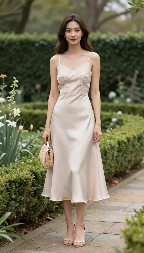 Woman in blush satin slip dress with floral embroidery, nude heels, and woven clutch in garden