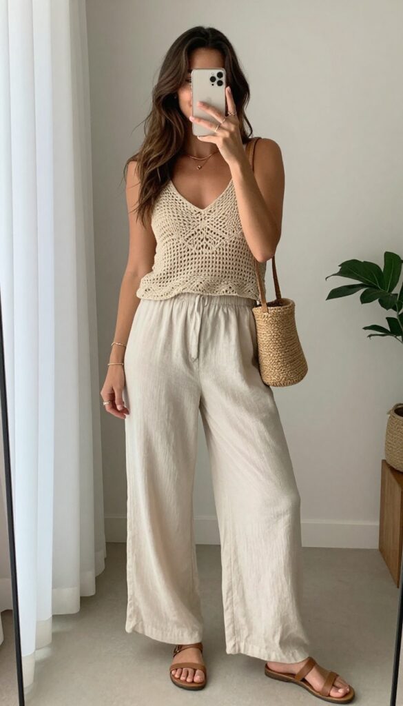 A boho mom in a crochet top and flowy pants, taking a mirror selfie in natural light, showcasing a relaxed and earthy outfit.