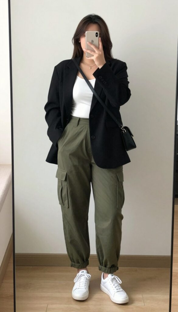 Woman in oversized blazer, bodysuit, and cargo pants with sneakers, holding a coffee cup in a modern cafe.