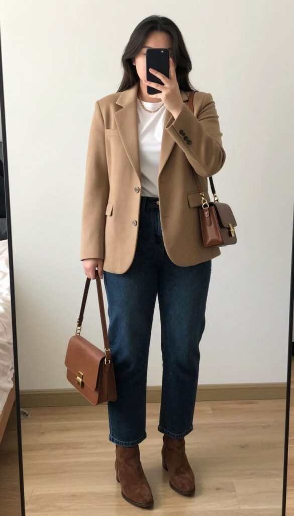 Woman in camel blazer, white tee, dark wash jeans, brown suede boots, and crossbody bag, standing in a mirror selfie pose.