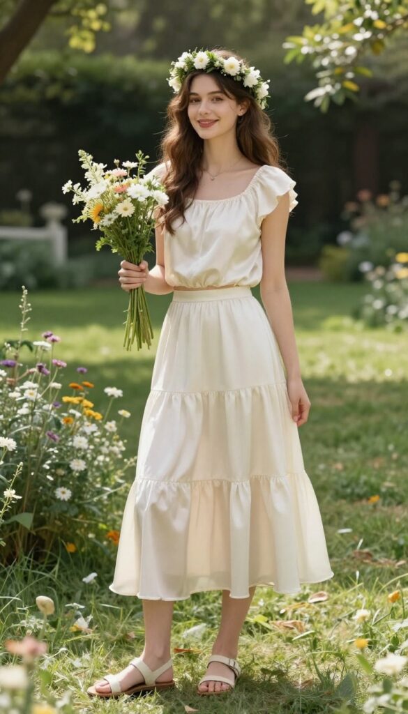 Woman in cropped silk top and tiered ruffle skirt in garden