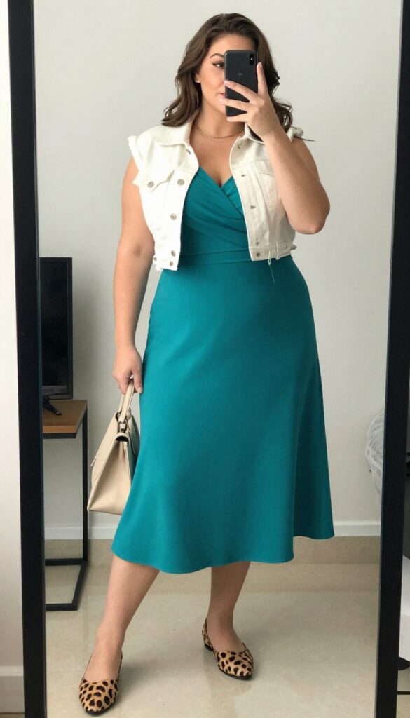 A woman in a teal wrap dress and leopard flats, standing in a bright office or event space, holding a cream tote, with a gold necklace.