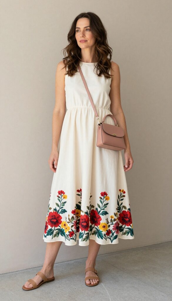 Woman in ivory shift dress with floral hem, tan sandals, nude bag, standing in sunny garden