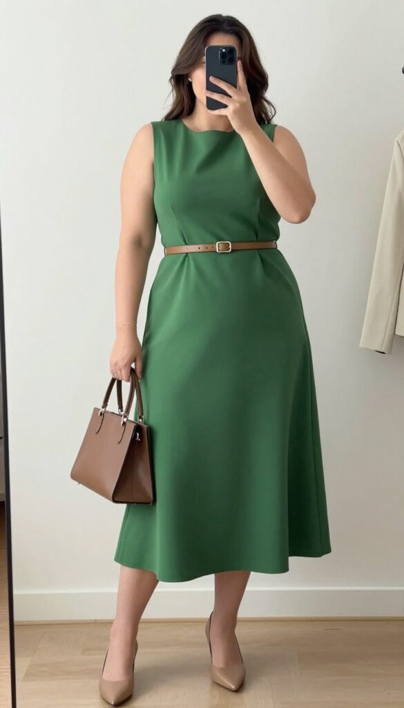 A woman in a forest green midi dress with a tan belt and nude pumps, standing in an office setting.