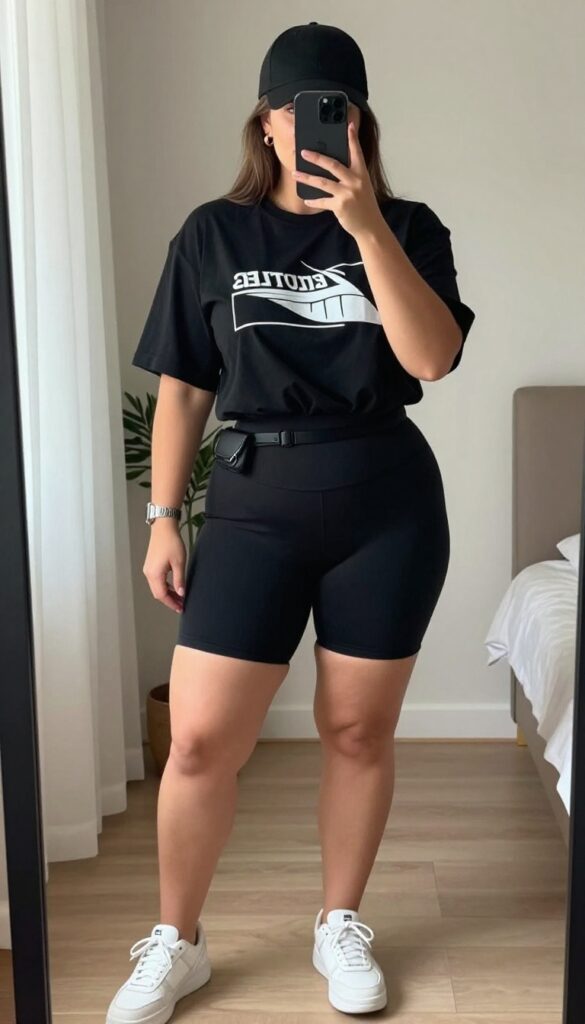 Plus-size woman in oversized graphic tee and biker shorts taking a mirror selfie, showcasing a casual baddie outfit with chunky sneakers and a baseball cap.