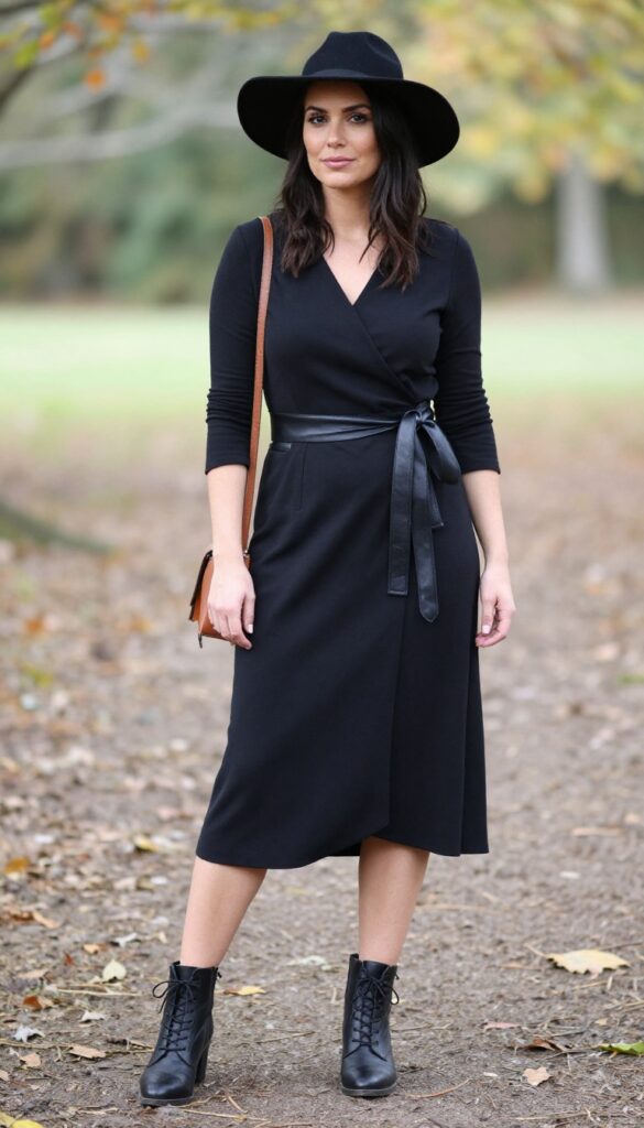 Woman in black wrap dress with leather belt, ankle boots, and wide-brim hat in rustic autumn setting
