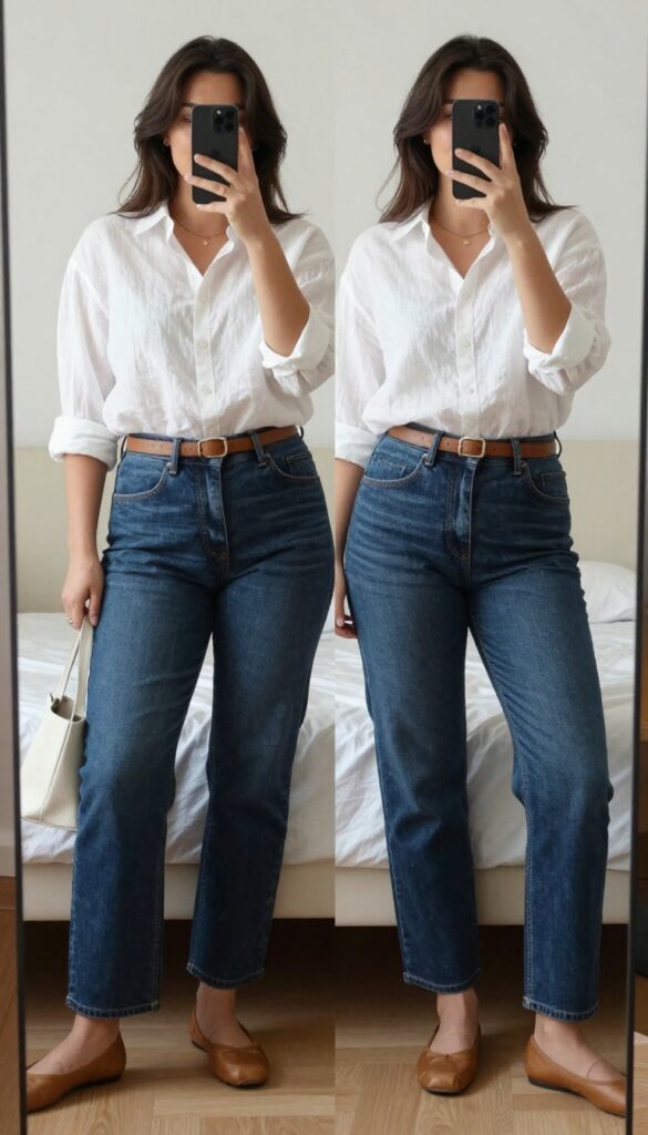 Model in linen button-down and straight-leg jeans with ballet flats, mirror selfie in bedroom, phone partially covering face.