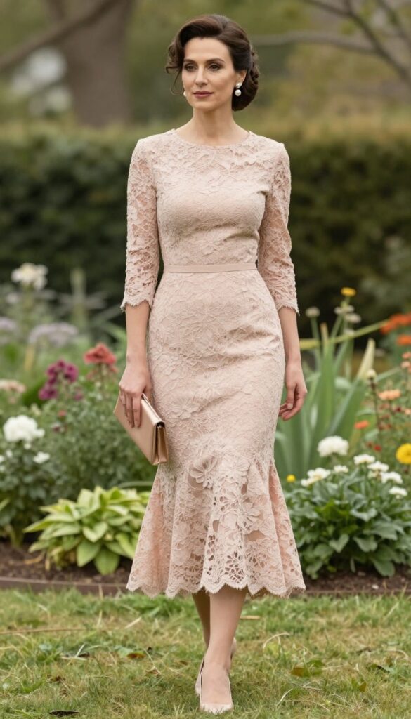Woman in blush lace fit-and-flare dress with scalloped hem, nude pumps, pearl earrings, and nude clutch at garden wedding