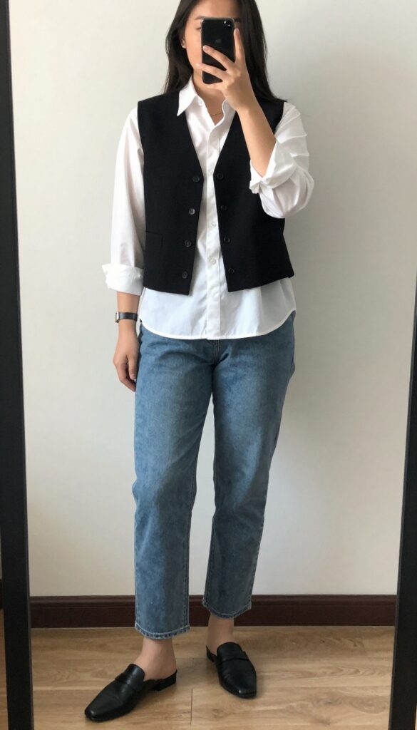 Woman in white button-down, black vest, and pale straight-leg jeans, posing in mirror selfie.