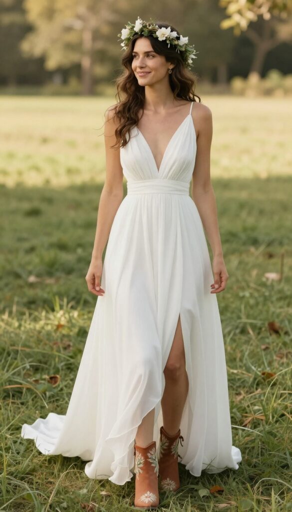 Boho bride in white open-back wedding dress with floral crown and embroidered ankle boots, standing in a sunlit meadow