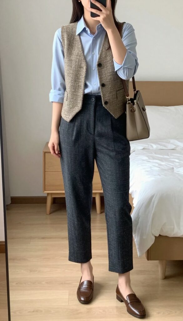 Plus size woman in longline vest, button-down shirt, and cropped trousers, mirror selfie in bedroom